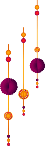 Vibrant decorative hangings with orange rods & magenta rosettes