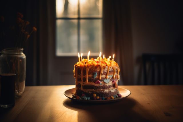 Layered Birthday Cake with Lit Candles on Wooden Table - Download Free Stock Images Pikwizard.com