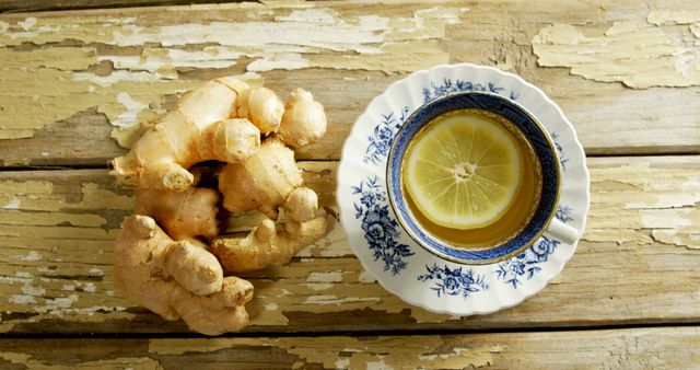 The aerial view of a cup of tea with a lemon slice in a blue and white vintage china cup next to fresh ginger roots on a weathered wooden table evokes a rustic and wholesome vibe. Perfect for content focused on health benefits, natural remedies, or relaxing tea rituals. Suitable for food blogs, health websites, or lifestyle magazines.