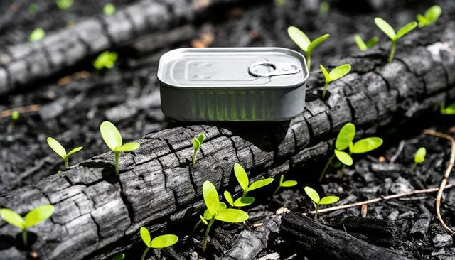 Sardine tin on charred log with bright green seedlings sprouting after wildfire, symbolizing regrowt