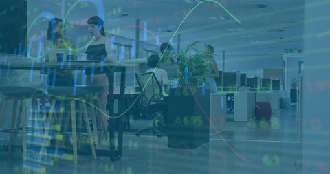 Colleagues collaborating at high table in open-plan office with analytics overlay