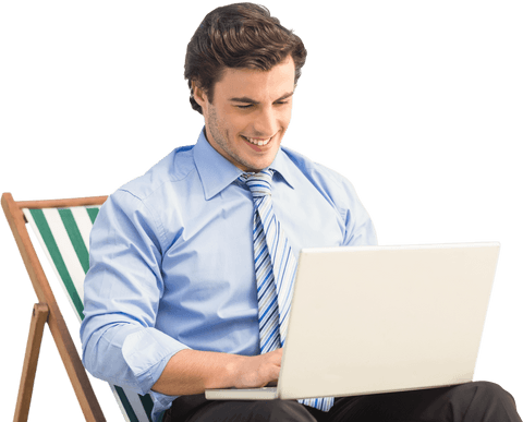 transparent businessman smiling with laptop on deck chair - Download Free Stock Videos Pikwizard.com
