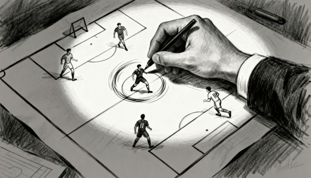 Coach circling key player on tactical soccer formation sketch, pencil drawing strategy