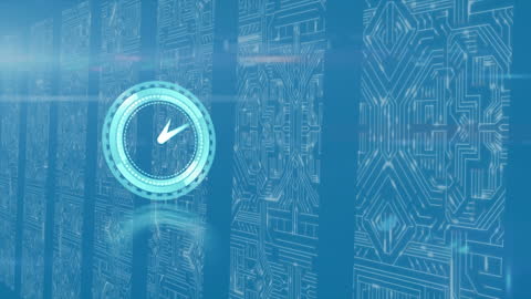 Futuristic Digital Clock Animation Over Server Towers