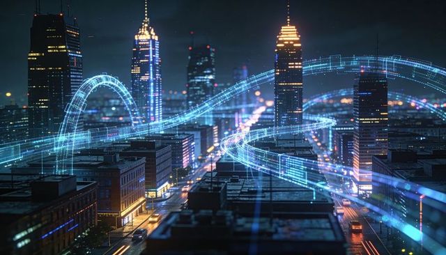 Cyan holographic data ribbon weaving through night downtown skyline, smart city concept