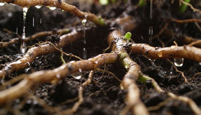 Rhizome roots dripping water in moist soil macro showing root hairs and new green shoot