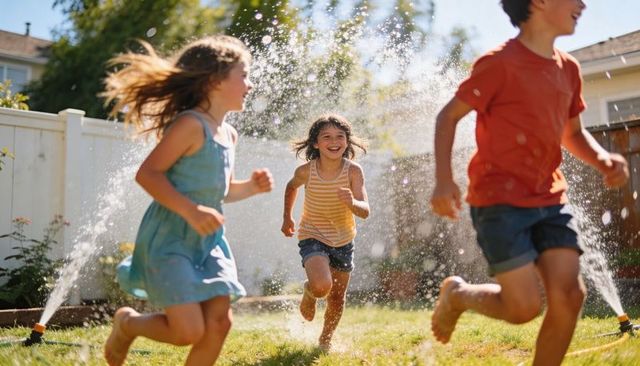 Children running through backyard sprinklers on sunny summer afternoon, laughing
