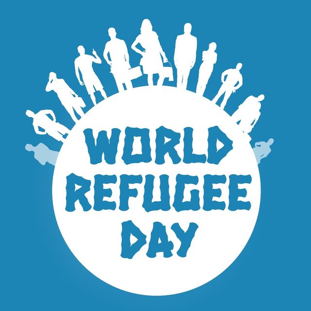 Graphic commemorating World Refugee Day featuring white silhouettes of people standing on a white sphere against a blue background. Suitable for promoting refugee awareness events, human rights campaigns, social media posts advocating for refugee rights and unity.