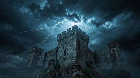 Mystical lightning over ancient frankenstein stone castle at night