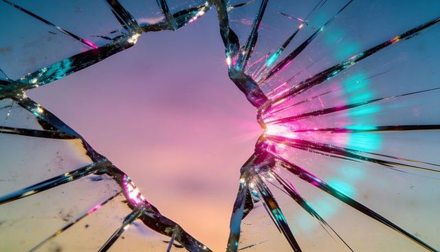 Shattered glass portal revealing pastel sunset prism light with radiant crystalline cracks