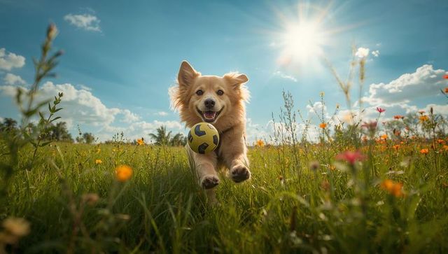 Golden Retriever Bounding Through Flower Meadow Carrying Yellow Soccer Ball in Sunshine