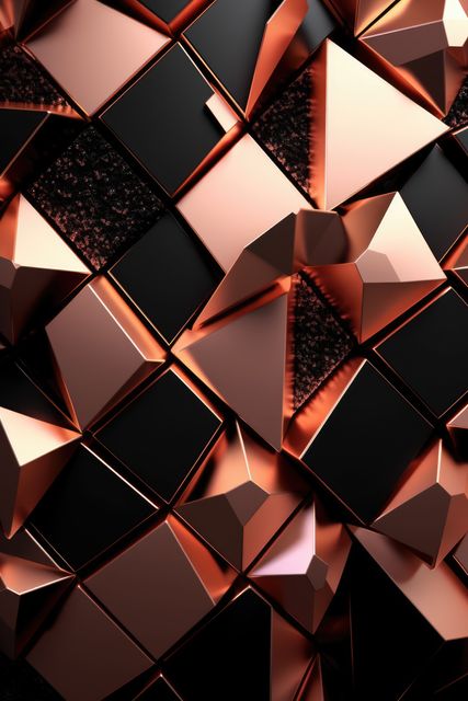 Abstract geometric background featuring metallic triangles and squares in black and copper. The 3D elements create a futuristic and luxurious texture perfect for modern design projects. Ideal for use in digital art, websites, advertising, and interior decor.