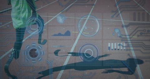 Paralympic runner with high-tech data overlay in track environment