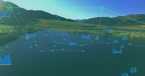 Digital Data Network Mapping over Tranquil Lake Landscape