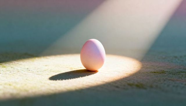 Single Pastel Egg in Spotlight Casting Long Shadow on Textured Surface Minimal Still Life