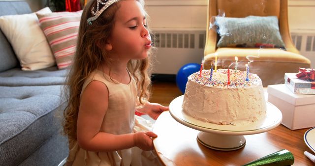 Girl blowing candles on birthday cake at home