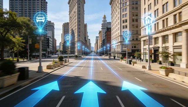 Smart city navigation showing ar arrows and location pins on downtown boulevard