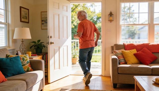 Active senior stepping through open front door into sunlit living room smiling