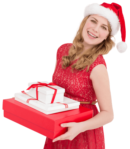 Joyful Woman in Santa Hat Carrying Holiday Gifts Transparent Background