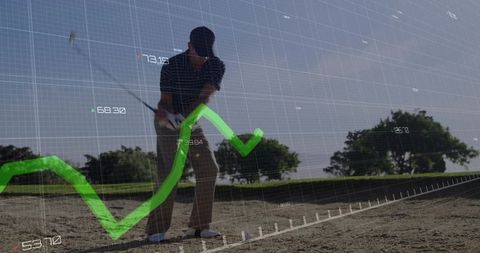 Golfer Analyzing Swing with Data Insights Overlay on Course