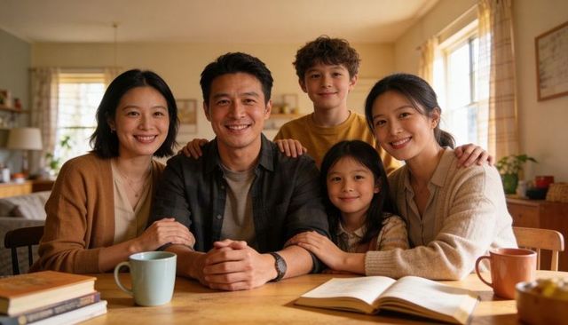 Smiling family of five gathered at sunlit wooden dining table, cozy home portrait