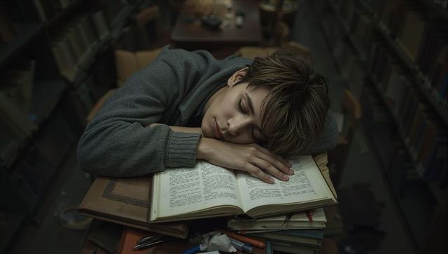 Female student resting on open book in dim library studying late-night fatigue and focus
