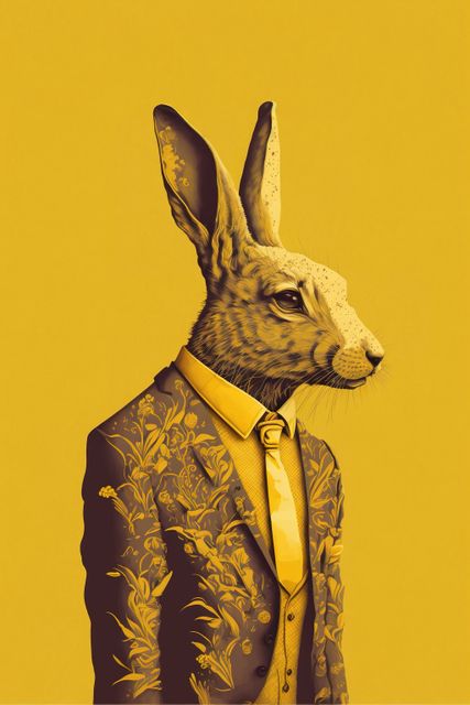 Hare with suit and yellow tie on yellow background, created using generative ai technology. Nature and style concept, digitally generated image.