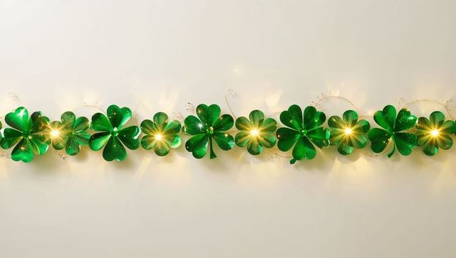 Green Glitter Four-Leaf Clover Garland with Warm LED Lights on Cream Wall for St Patrick's Day