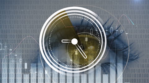 Digital Eye with Binary Ticking Clock Over Cybersecurity Elements