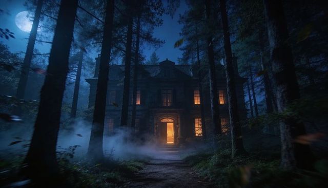 Moonlit Mansion Looming Through Foggy Pine Forest, Warm Open Doorway Casting Amber Light