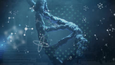 Spinning DNA Helix with Futuristic Data Elements