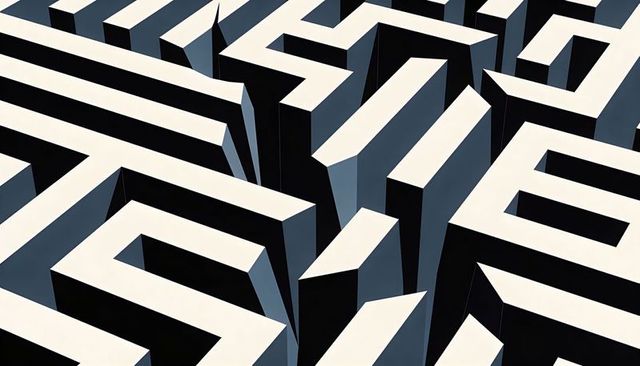 Abstract Isometric 3D Labyrinth of White-Topped Cuboids Casting Dramatic Geometric Shadows