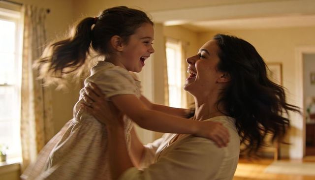 Mother lifting laughing daughter in sunlit cozy living room, joyful family connection