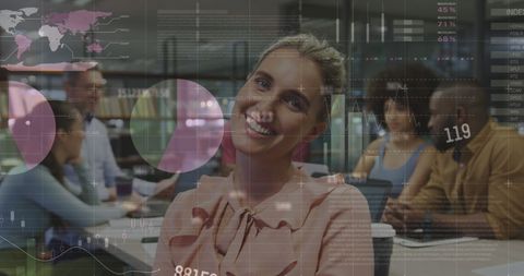 Businesswoman Smiling Amid Digital Data Interface in Modern Office