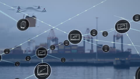 Futuristic Network Connectivity and Cargo Delivery Drone Above Port