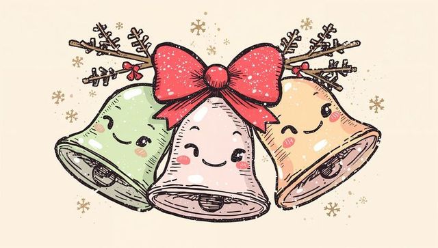 Kawaii holiday bells wearing red bow and pine sprigs, pastel christmas ornament trio