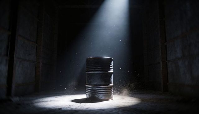 Dented Metal Oil Drum Under Dramatic Spotlight in Dusty Industrial Warehouse