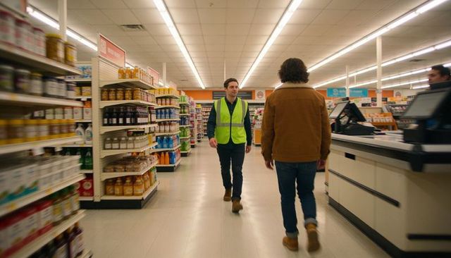 Grocery worker walking down aisle wearing neon safety vest passing checkout area