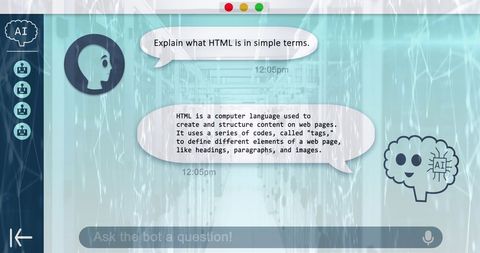 ai chatbot answering html queries over digital interface background - Download Free Stock Images Pikwizard.com