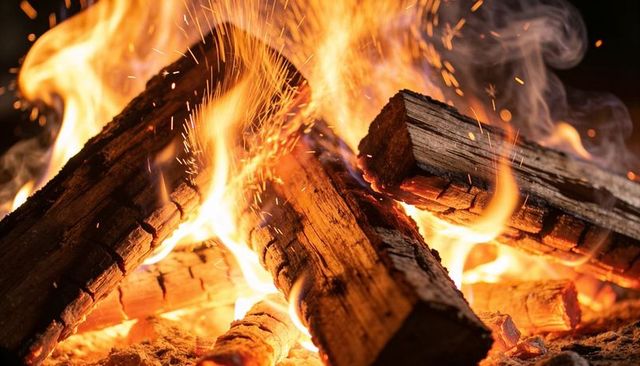 Glowing charred logs burning in open hearth, sending sparks and embers in night bonfire