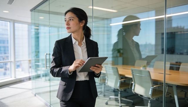 Corporate executive holding tablet in modern glass office looking toward city skyline