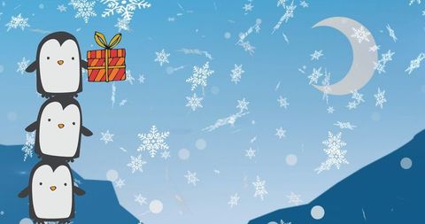 Festive Penguins Stacking Presents Under Snowy Night Sky - Download Free Stock Images Pikwizard.com
