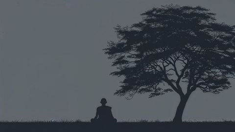 Serene scene featuring a silhouette meditating under large tree during twilight in grassy plain conveys tranquility and introspection. Perfect for themes of mindfulness, mental wellness, and embracing nature. Suitable for projects on meditation, spiritual journeys, or illustrations emphasizing balance and inner peace.
