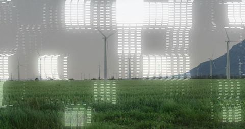 Wind Turbines Amidst Digital Glitch on Green Field