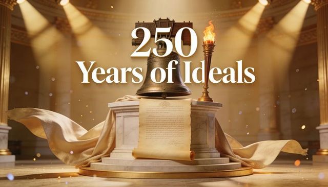 250 years of ideals celebrating commemorative bell and torch on marble pedestal