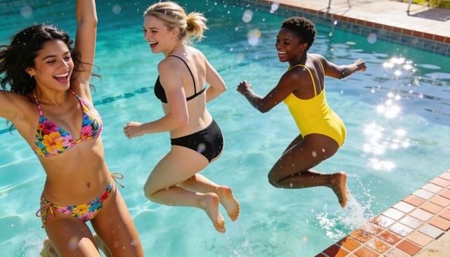 Three friends jumping and splashing in backyard pool wearing colorful swimsuits