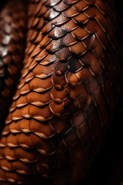 Close up of brown and cream patterned shiny coils of snakeskin. Nature, leather, skin, texture and design concept digitally generated image.