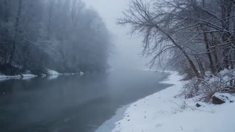 Misty Winter River Flowing Past Snowy Bank with Thin Ice Forming for Atmospheric B-Roll
