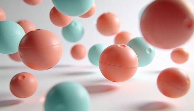 Floating pastel coral and mint spheres with satin seams and soft bokeh for modern minimal design