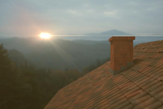 This image captures a serene sunrise over a mountain, viewed from a rooftop with a chimney. Ideal for use in real estate promotions, travel brochures, or websites focused on nature and tranquility. It can also be used in articles about home living, peaceful retreats, or scenic landscapes.